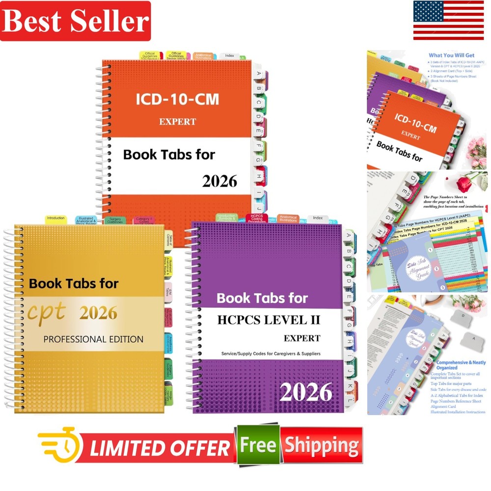 2026 CPT, ICD-10-CM & HCPCS Level II Tabs: Colorful Waterproof Organization