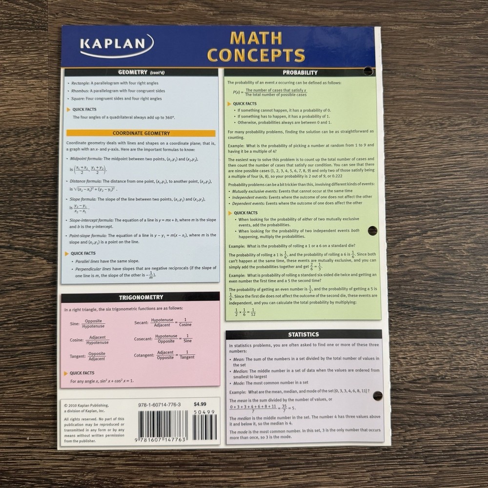 Kaplan Math Concepts Quick Reference Guide Algebra Geometry Study