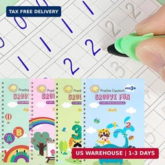 4 in 1 Reusable Grooved Writing Practice Books, Magic Ink Auto-Erase Handwriting