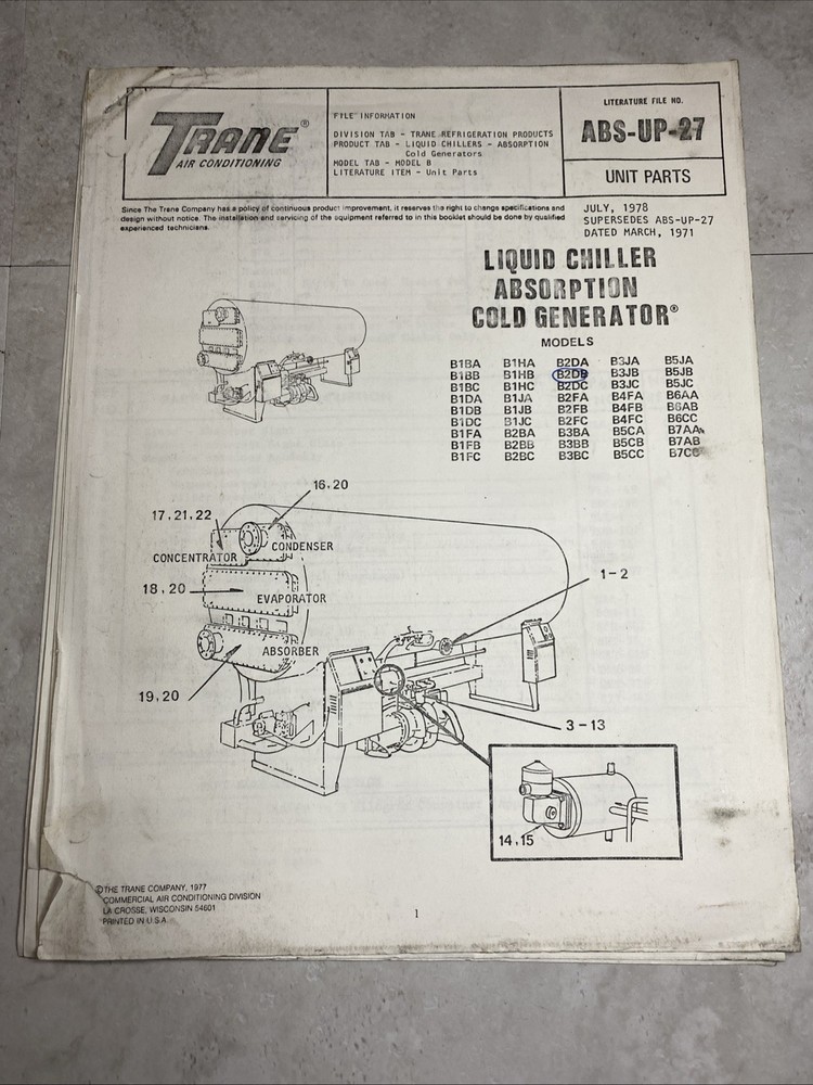 1978 Trane HVAC ABS-UP-27 Unit Parts List Liquid Chiller Absorption Generator